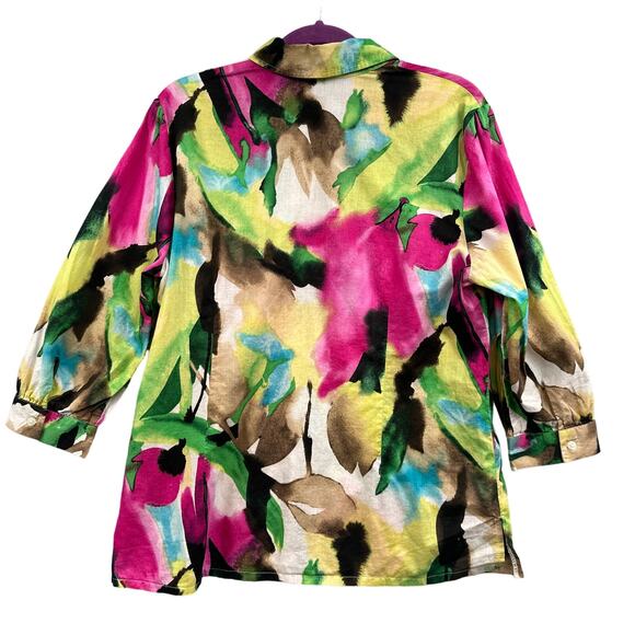 Dana Buchman Top M Watercolor Floral Bold Button Down Resort Travel Boho Beachy - Picture 2 of 15